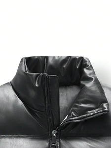 <b>Men's</b> Black Stand Collar PU <b>Leather</b> Padded <b>Vest</b> With Zipper Closure Windproof Casual Winter Outerwear - Product Image 3