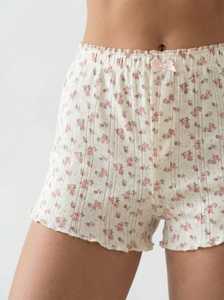 Women's Floral Print 2-Piece Knitted Shorts <b>Set</b> <b>Square</b> Collar Short Sleeve Breathable Regular Fit Spring Summer Style - Product Image 2