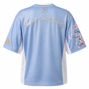 เสื้อเจอร์ซีย์กีฬาตาข่ายสไตล์เรโทร Y2K สำหรับผู้ชาย OEM พิมพ์ลายซิลค์สกรีนลายเครนและดอกซากุระ เสื้อผ้ากีฬาโอเวอร์ไซส์แบบสั้น - Product Image 4