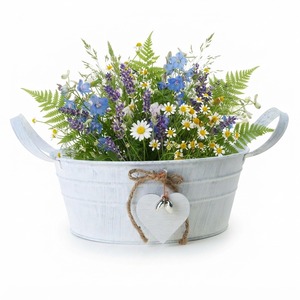 Maceta de Acero Galvanizado Blanca con Asa, Estilo Shabby Chic, Etiqueta con Forma de Corazón, Arreglo de Flores Silvestres, Decoración de Mesa para el Hogar y Hoteles - Product Image 1