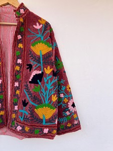 Indian Velvet Suzani Embroidery Cotton Knitted Button Reversible Winter <b>Women's</b> Boho Kimono Coat Gift Her - Product Image 4