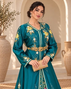 Caftán Marroquí de Terciopelo Color Verde Azulado con Bordado Sólido, Mangas Largas, Cinturón con Filigrana Dorada, Largo MAXI, para Fiestas de Invierno, Mishkat Couture - Product Image 1