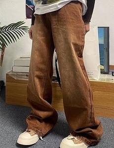 Pantalon en jean marron délavé coupe ample et large pour homme grande taille, style streetwear décontracté, taille mi-haute, 100 % coton tissé - Product Image 4