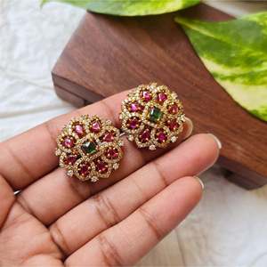 18K Gold Plated Geometric Stud Earrings with Zircon and Imitation Pearl - Product Image 5
