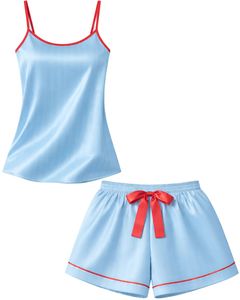 Customized <b>Light</b> Blue Satin Cami Shorts Pajama Set Red Bow Women Sleepwear Summer Soft Silk Nightwear Two Piece <b>Lounge</b> Set - Product Image 1