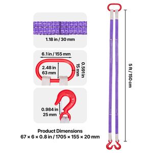 Eslinga de elevación de poliéster de alta resistencia de 4400 lb de capacidad, de 5 pies, con dos patas y ganchos, correas engrosadas, 2 unidades - Product Image 1