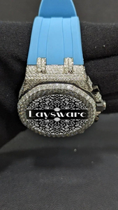 Montre analogique de luxe Laysware Jewels avec cadran en verre, diamants Moissanite, acier inoxydable glacé et bracelet en caoutchouc bleu ciel - Product Image 5