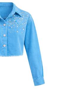 Veste en jean courte bleu ciel personnalisée pour femme avec empiècement orné de strass, boutonnée, manches longues, style streetwear décontracté - Product Image 4