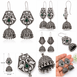Dernier design de boucles d'oreilles Jhumka ethniques Bollywood plaquées argent antique, serties de pierres, pendantes, faites à la main, bijoux de fête pour femmes - Product Image 5
