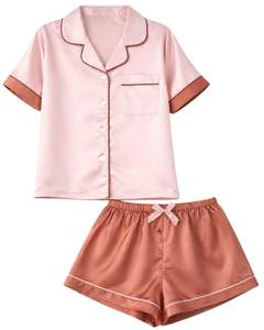 Ensemble pyjama femme en satin rose et cuivre personnalisé, manches courtes, boutonné, deux pièces, vêtements de nuit, ensemble short de détente - Product Image 1