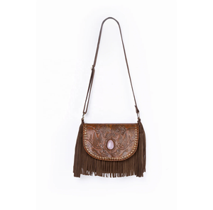 Nouveau design de rabat en cuir de vache marron Selle peint à la main, corps en daim de vache Choc, frange et poignée - Product Image 1