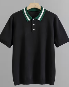 Men's Short Sleeve Solid Color Knitted Polo Shirt Regular Fit Casual Button Design Green White Trim Collar - Product Image 1