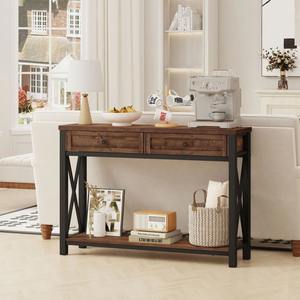 Table console industrielle moderne avec 2 tiroirs et étagère inférieure, structure en fer pour salon - Product Image 1
