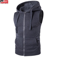 Sudadera con Capucha y Cremallera sin Mangas para Hombre, Color Sólido, Informal, Transpirable, Corte Ajustado, Tejido French Terry, para Otoño