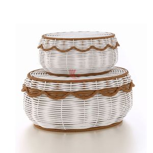 Panier de rangement en osier festonné imitation rotin avec couvercle, style bohème, pour l'organisation des articles divers, décoration intérieure - Product Image 1
