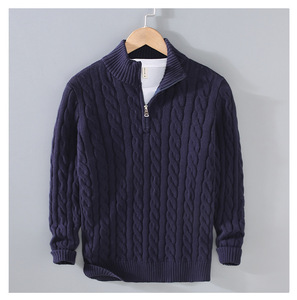 Suéter de punto trenzado negro para hombre con cremallera, manga larga, cuello alto, lana gruesa, casual de invierno, ajuste regular - Product Image 4
