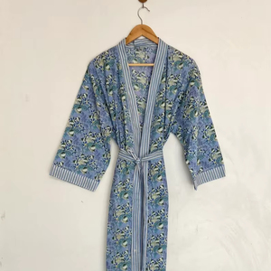 Bata Kimono de Algodón 100% Suave y Transpirable con Estampado de Bloques Tejidos y Diseño de Dibujos Animados para Mujer, Camisón de Verano Hecho a Mano con Cuello en V y Cintura Elástica Completa - Product Image 1