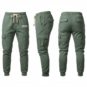 Men's Olive Green Cotton <b>Cargo</b> <b>Jogger</b> <b>Pants</b> Elastic Waist Drawstring Multiple Pockets Casual Autumn Wear - Product Image 1