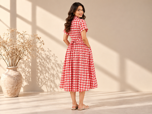 Vestido midi a cuadros para mujer, vestido camisero de manga corta, estilo vintage, corte evasé, ropa de verano, estilo bohemio, con colores y estampados personalizados. - Product Image 4
