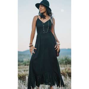 Robe longue noire bohème pour femme, bretelles spaghetti, robe d'été fluide, tenue décontractée pour les vacances - Product Image 1