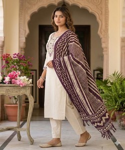 Women 3/4 Sleeve Embroidered Cotton Kurta Set With Dupatta Geometric Pattern O-Neck Full Length Casual Wear 85652 - Product Image 4