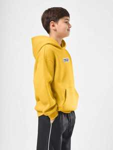 Winter <b>Kids</b> Unisex Hooded Sweatshirt and Jogger Pants <b>Tracksuit</b> Set Yellow Top <b>Black</b> Side Stripe Pants Fleece Loose Fit - Product Image 3