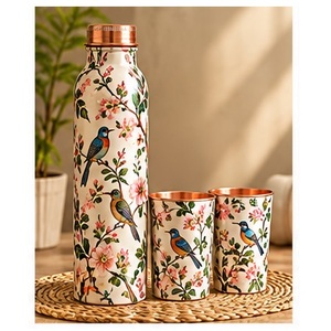 Juego de Botellas de Agua Artísticas de Cobre con Diseño Floral, Patrón Negro y Dorado, Bebedero Portátil para Uso Doméstico - Product Image 2