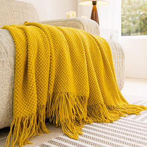 Knitted Solid Orange <b>Throw</b> Blanket With Tassels Rectangular Wool Acrylic Home Decor Fall Season Simple Style - Product Image 3