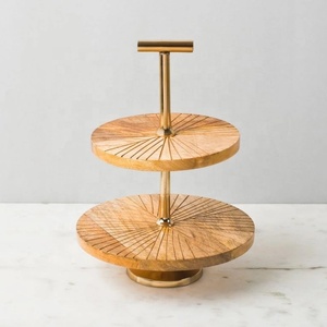Support de service en bois de manguier à 2 niveaux de luxe avec base dorée, plateau de présentation de desserts texturé élégant, décoration de table durable et élégante - Product Image 1