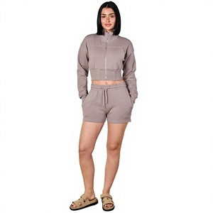 Conjunto de Sudadera con Capucha y Pantalones Cortos de Forro Polar para Mujer EVERGLOW, Color Sólido, Casual, Impermeable, Resistente al Viento, Transpirable y Ecológico - Product Image 1