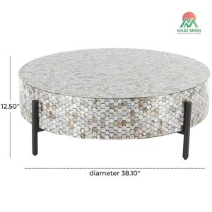 Mother of Pearl Shell Geometric Handmade Round Mosaic Inlay <b>Coffee</b> <b>Table</b> with Black Metal <b>Legs</b> - Product Image 6