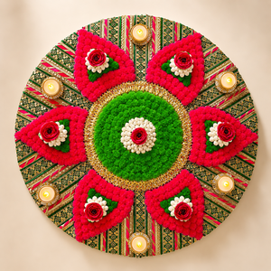 Décoration murale florale artisanale de 24 pouces, Rangoli, pour Diwali, avec pompons, fleurs, mandala et supports de bougies LED pour décorations festives - Product Image 1