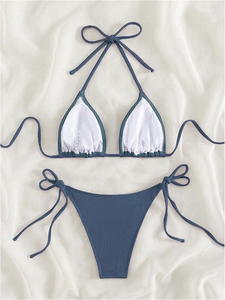 Women's Navy Blue Bikini Set Crossed Halter Top <b>Tie</b> Side Bottom Spandex Nylon Swimwear Two Piece High Stretch Seamless - Product Image 2