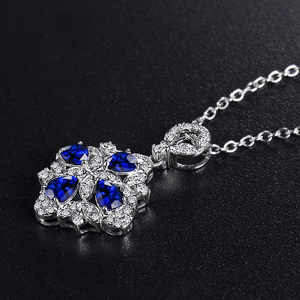 <b>Flower</b> Shape Sapphire Pendant Necklace Women's 925 Silver Rhodium Plated Round Brilliant Cut Diamonds <b>Box</b> Chain Luxury Style - Product Image 4