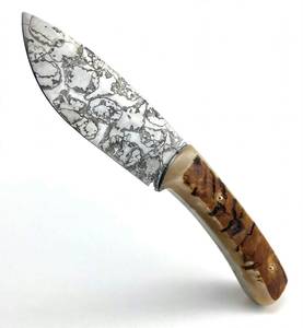 High contrast acid <b>etched</b> mosaic fixed damascus steel prep utility <b>tool</b> with Bone Handle - Product Image 6