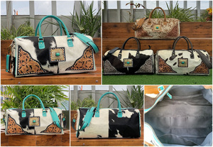 Large Capacity Travel Bag Hand Tooled Leather Turquoise Concho Duffle Bags Genuine Cowhide Leather Travel Vintage Bag for Unisex - Product Image 3