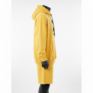 Ensemble sweat à capuche et short pour homme en molleton épais mélangé coton, jaune moutarde, avec logo personnalisé - Product Image 3