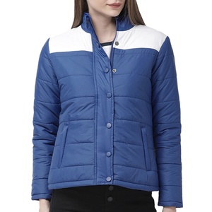 Women's <b>Quilted</b> <b>Jacket</b> With White Color Block Stand Collar Full Sleeve Button Closure Autumn Wear - Product Image 1