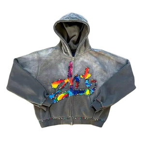 Highest Demands Top Sale Quality Custom Acid Wash & Screen Print Rhinestone Fleece Hoodies Vintage Streetwear Hood For Male - Product Image 1