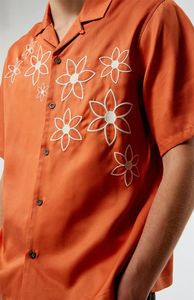 Camisa de Algodón de Lujo para Hombre, con Bordado Floral Naranja, Manga Corta, Estilo Casual para Vacaciones - Product Image 5