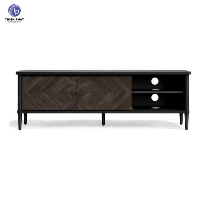 Solid Acacia Wood TV Stand Herringbone Panel Design Rustic Modern Media Console for Living Room Bedroom Durable