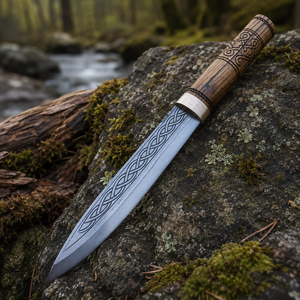 Couteau Viking en acier au carbone celtique fait main avec manche en bois sculpté et fourreau assorti - Product Image 3