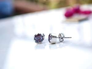 925 Sterling <b>Silver</b> Lab Created Alexandrite Round <b>Stud</b> Earrings for Women June Birthstone Jewelry - Product Image 5