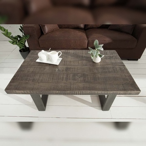 Table basse moderne éco-responsable Vandana IRON CRAFT 100 cm en bois de manguier gris, design industriel, fer massif, meubles de salon - Product Image 4