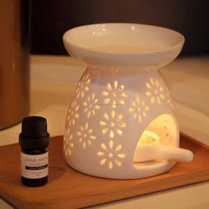 Portavelas de Cerámica, Quemador de Aceite para Aromaterapia, Calentador de Cera con Patrón Floral Blanco, Decoración Elegante para el Hogar a un Precio Accesible - Product Image 4