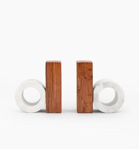 Porte-livres en bois avec anneaux en marbre blanc, supports décoratifs modernes pour étagère, maison, bureau, table, au meilleur prix - Product Image 3