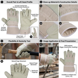 Gants de travail de sécurité en cuir de vachette grainé haute performance avec manchette caoutchoutée pour travaux lourds, haute résistance à l'abrasion - Product Image 6