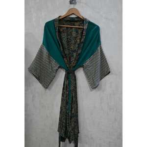 Kimono largo de seda transpirable hecho a mano, talla grande, estilo patchwork, para otoño, estilo bohemio, bata de novia, estampado, sexy - Product Image 3