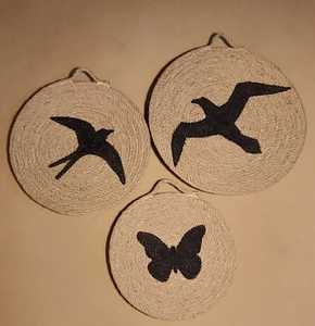 Round Linen Table <b>Mats</b> Handmade Bohemian Style Natural Weave Placemats with Bird and Butterfly Designs - Product Image 1