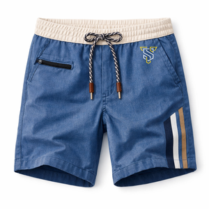 Shorts de baño azules para hombre, cintura media, con cordón ajustable, cintura elástica, franja lateral, tela transpirable informal. - Product Image 2